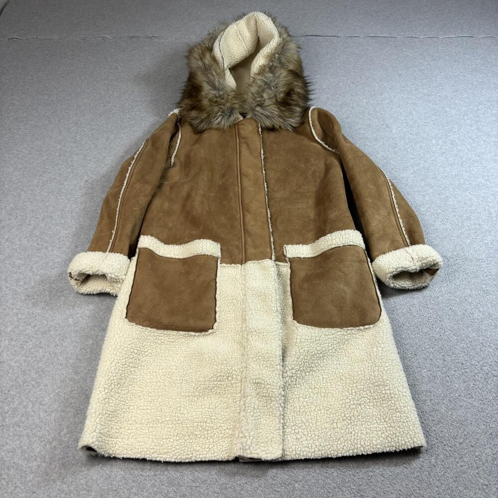Primark Coat Womens 4 Brown Faux Suede Sherpa Long Hooded Faux Fur Trim Boho
